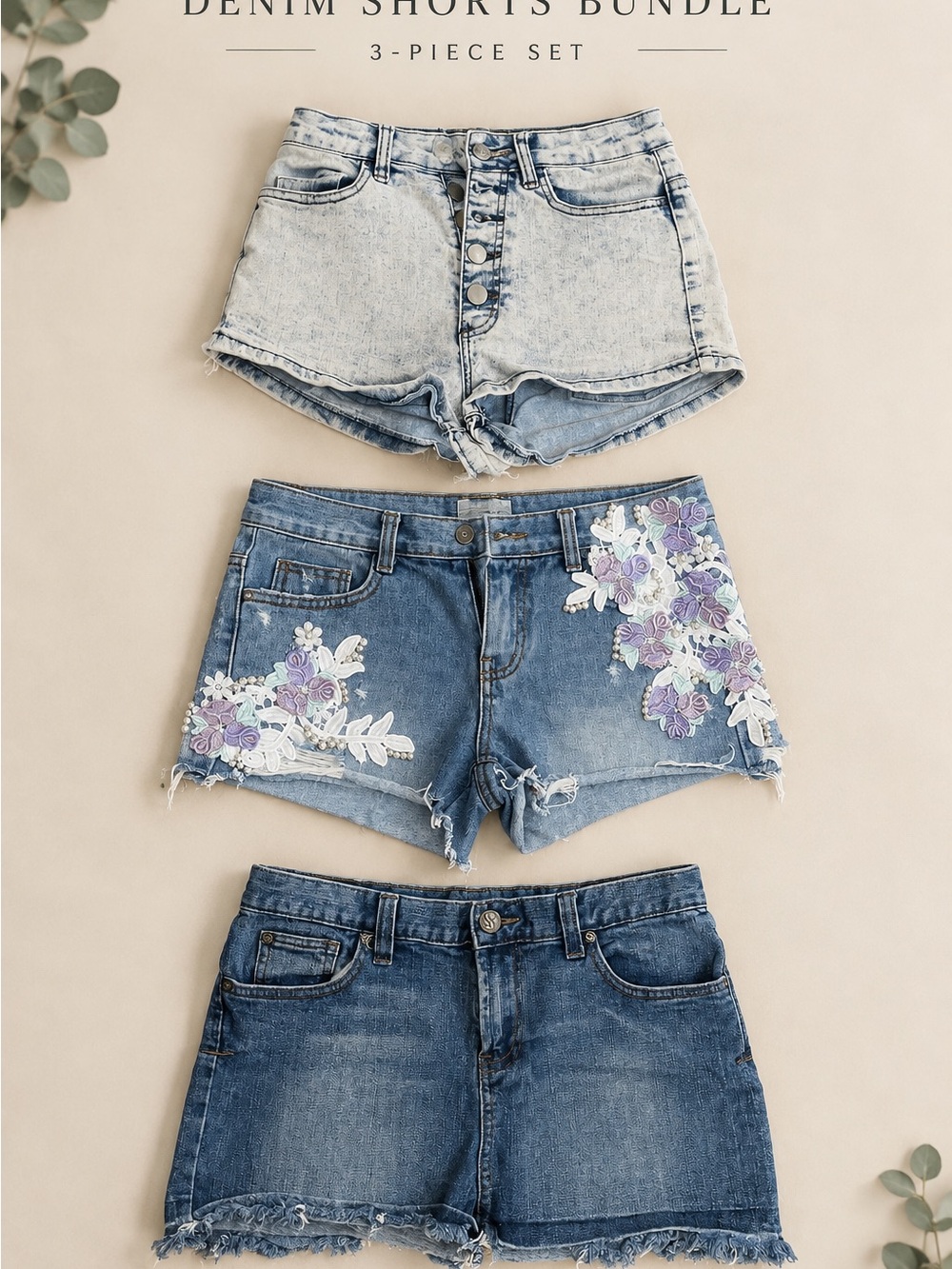 Light Blue Denim Floral Appliqué Women’s Shorts